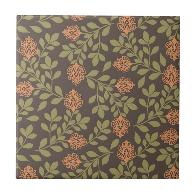 Dark Brown Background with Vibrant Floral Patterns Ceramic Tile (Front)