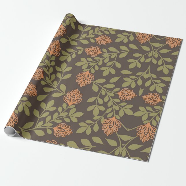 Dark Brown Background with Vibrant Floral Patterns Wrapping Paper (Unrolled)