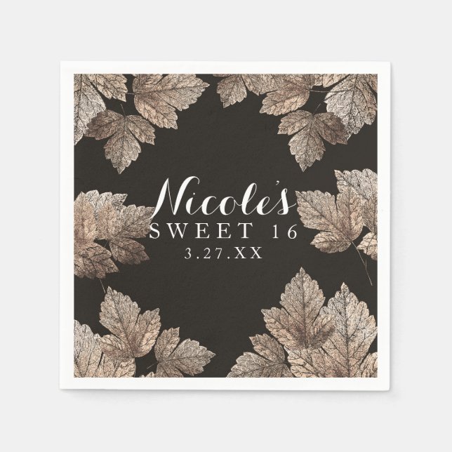 Dark Brown & Bronze Leaves Rustic Fall Elegant Napkin (Front)