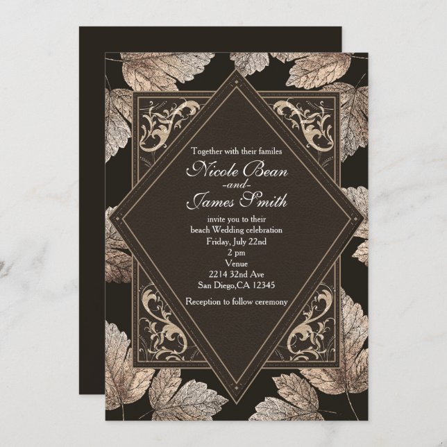 Dark Brown & Bronze Leaves Rustic Fall Invitations (Front/Back)