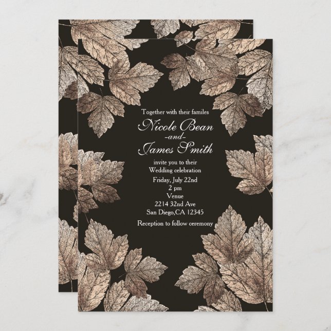 Dark Brown & Bronze Leaves Rustic Fall Invitations (Front/Back)