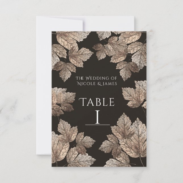 Dark Brown & Bronze Leaves Rustic Table Number (Front)