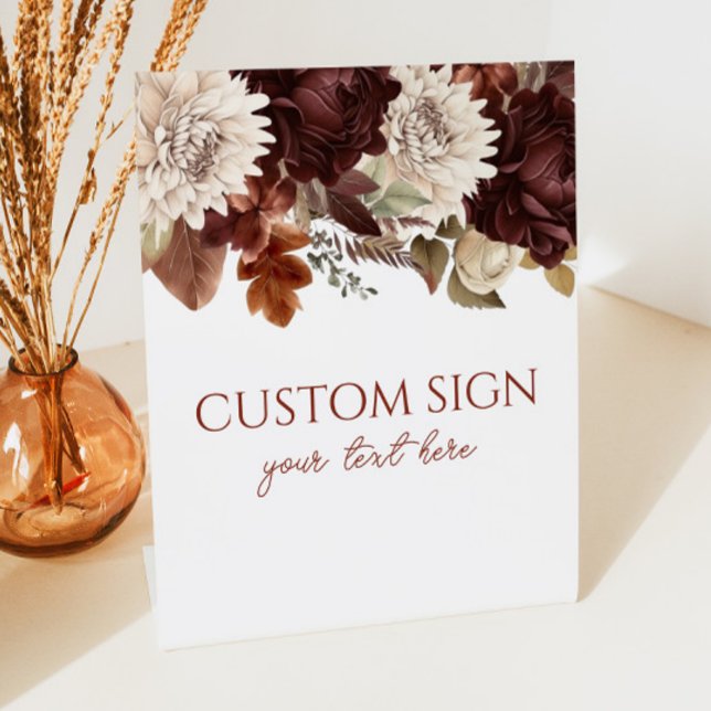 Dark Brown Burgundy Floral Custom Party Pedestal Sign (Creator Uploaded)