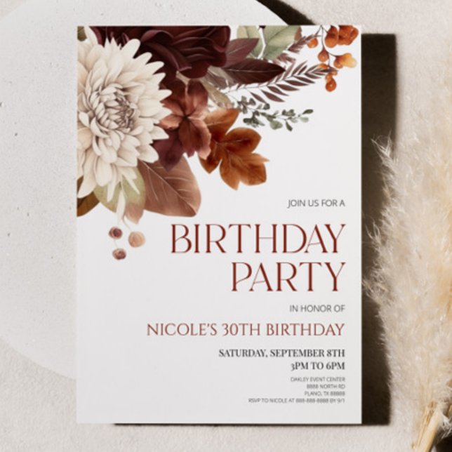 Dark Brown Burgundy Floral Flower Birthday Party Invitation (Creator Uploaded)