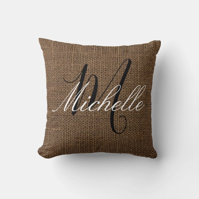 Dark Brown Burlap look Monogram Personalised Name Cushion (Front)