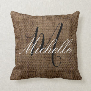 Dark Brown Burlap look Monogram Personalised Name Cushion