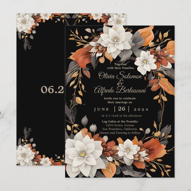 Dark brown, coffee caramel and beige autumn floral invitation (Front/Back)