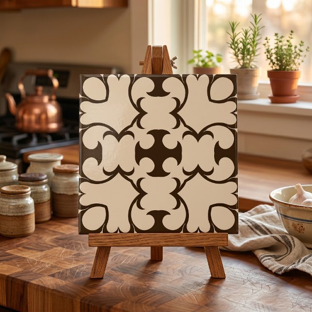 Dark Brown Cream Moroccan Geometric Damask Pattern Ceramic Tile (Creator Uploaded)
