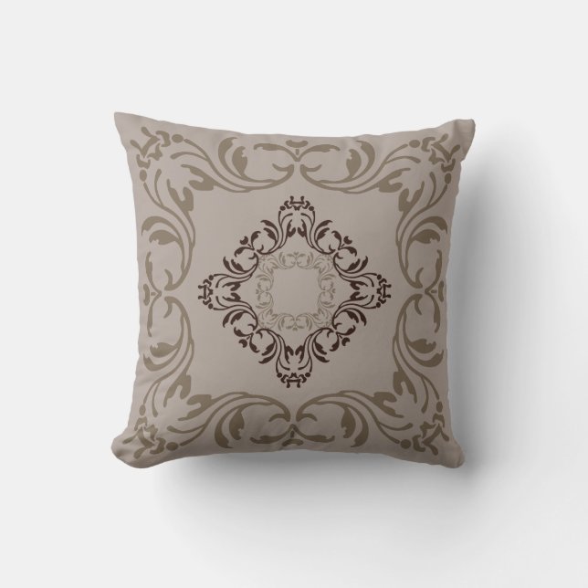 Dark Brown Damask pattern | Plain Tan background Cushion (Front)
