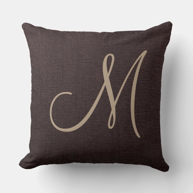 Dark Brown Elegant Monogram Canvas Look Cushion (Front)