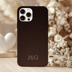 Dark Brown Faux Leather and Gold Monogram Initials iPhone 16 Case