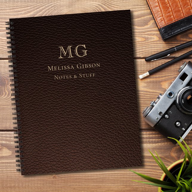 Dark Brown Faux Leather Gold Monogrammed Notebook (Creator Uploaded)