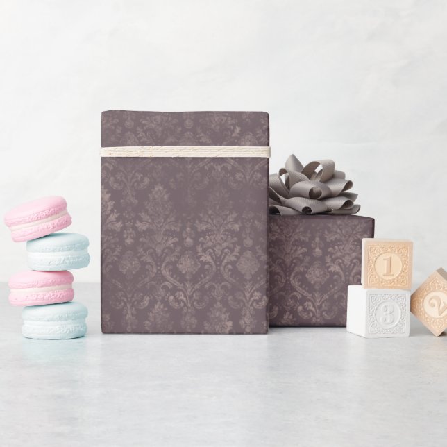 Dark Brown Floral Damask Wrapping Paper Roll (Baby Shower)