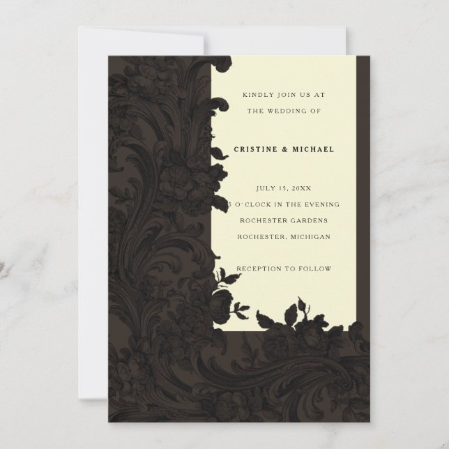 Dark brown floral ornamental Victorian wedding Invitation (Front)