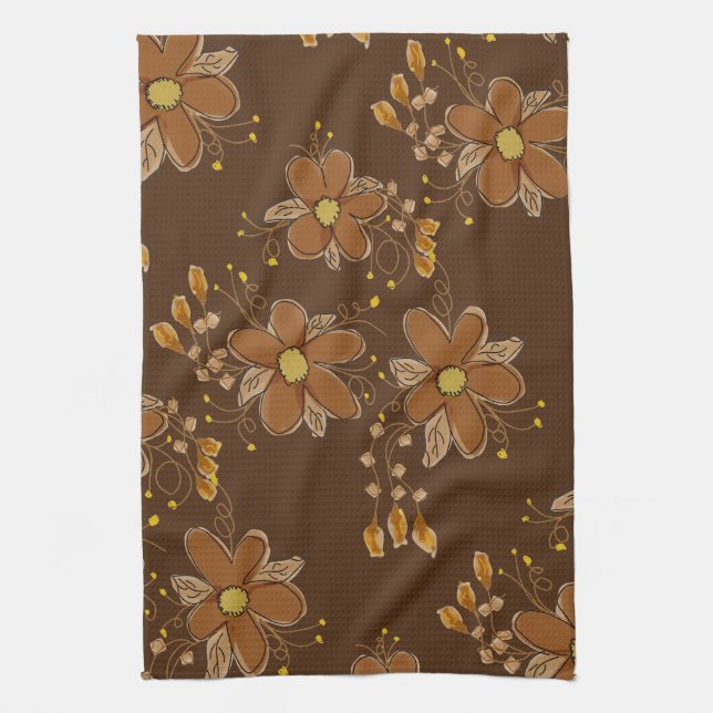 Dark Brown Flower Patterned Tea Towel (Vertical)