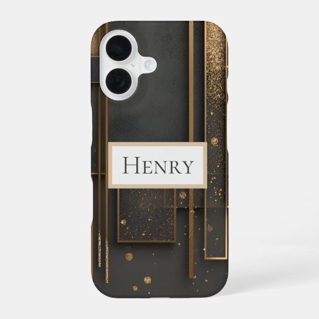 Dark Brown & Gold Geometric iPhone 16 Case (Back)