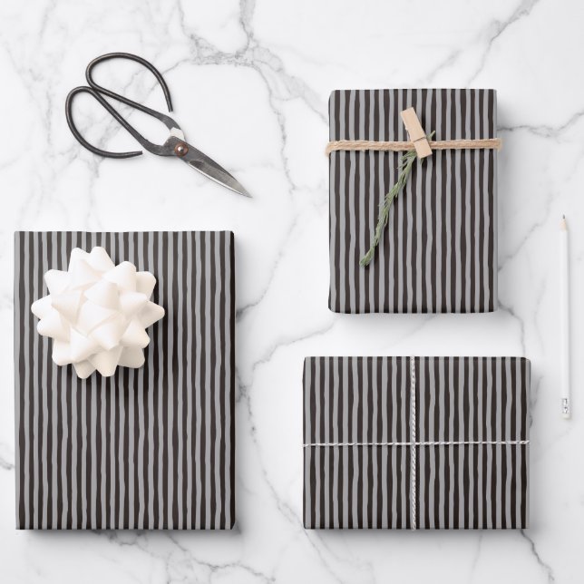 Dark Brown & Gray Wonky Stripes Wrapping Paper Sheet (Front)
