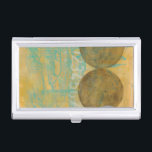 Dark Brown & Grey Circles with Numbers Numbers Business Card Holder<br><div class="desc">Dark brown and grey circles populate this work by Jennifer Goldberger,  set over an orange and blue background. Grey Numbers are also printed on the background. An enjoyably abstract work,  order your copy today!</div>