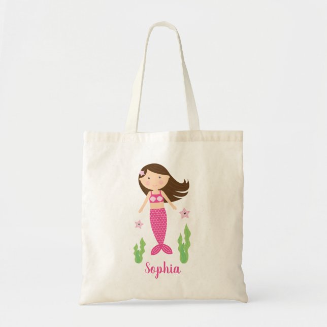 Dark Brown Hair Little Mermaid Girl Tote Bag (Front)