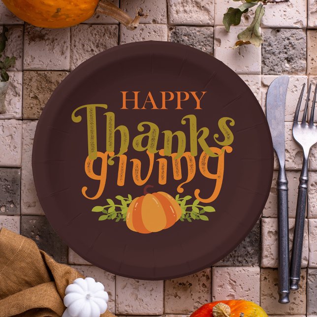 Dark Brown Happy Thanksgiving Fall Yellow Pumpkin Paper Plate (Creator Uploaded)