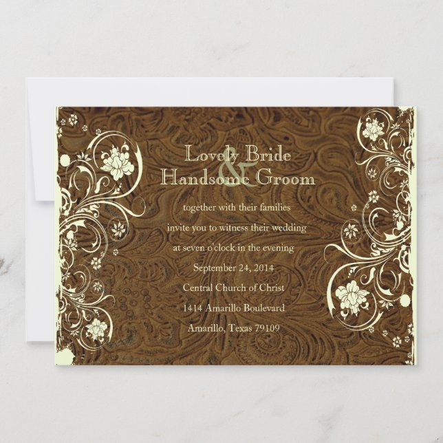 Dark Brown Leather Cream Lace Wedding Invitation (Front)