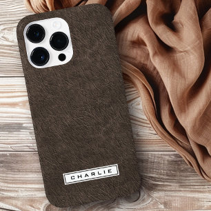 Dark brown leather printed image custom name Case-Mate iPhone 14 pro max case