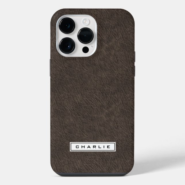 Dark brown leather printed image custom name iPhone case (Back)