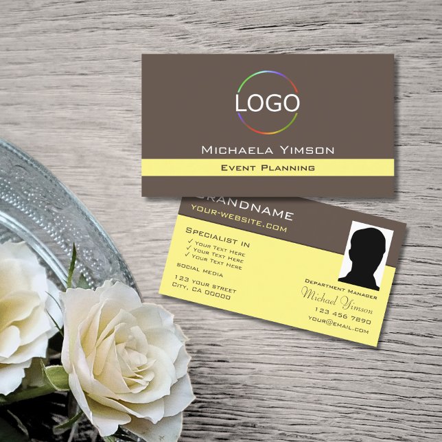 Dark Brown Light Yellow with Logo and Photo Chic Business Card (Creator Uploaded)
