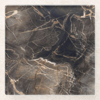 Dark Brown Marble Gold Veins Glass Coaster