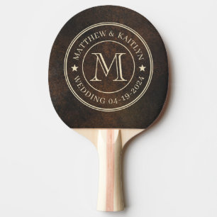 Dark Brown Monazite Stone Wedding Monogram Star Ping Pong Paddle