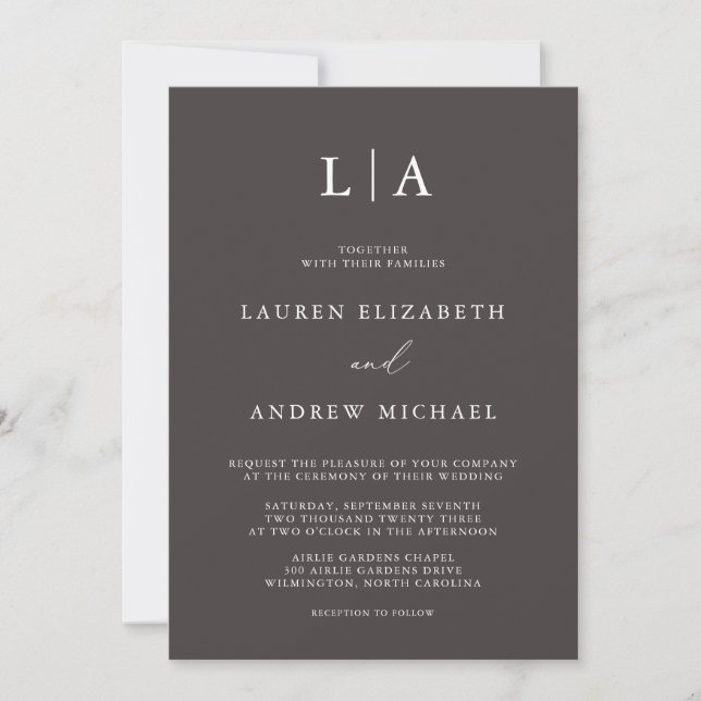 Dark Brown Monogram Simple Minimalist Wedding Invi Invitation (Front)