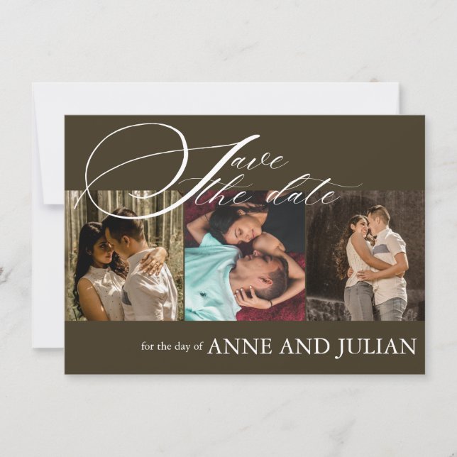 Dark Brown Save the date card 3 photo a QR Code (Front)