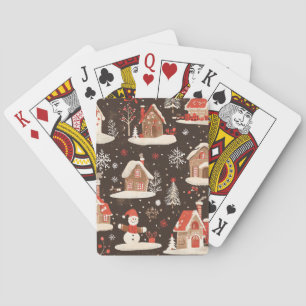Dark Brown Snowy Christmas Village Red Green Playing Cards