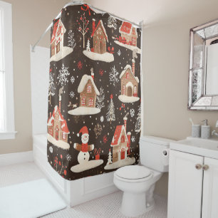 Dark Brown Snowy Christmas Village Red Green Shower Curtain