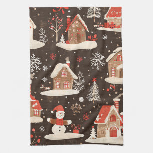 Dark Brown Snowy Christmas Village Red Green Tea Towel