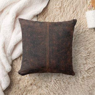 Dark Brown Stitched Faux Leather Throw Pillow