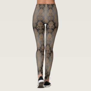 Dark Brown, Taupe Damask Scroll "Burnout Look" Leggings