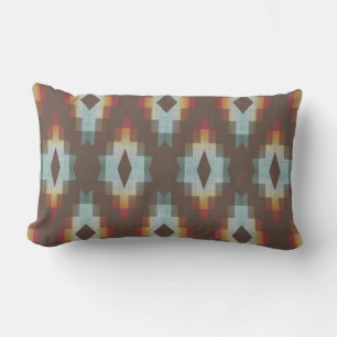 Dark Brown Terracotta Red Blue Grey Tribal Art Lumbar Cushion