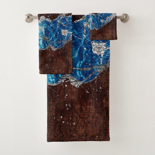 Dark Brown Wood and Blue Abstract Digital art Bath Towel Set (Insitu)