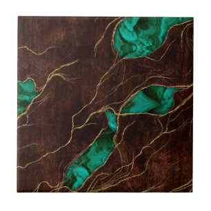 Dark Brown Wood and Malachite Abstract Digital art Ceramic Tile