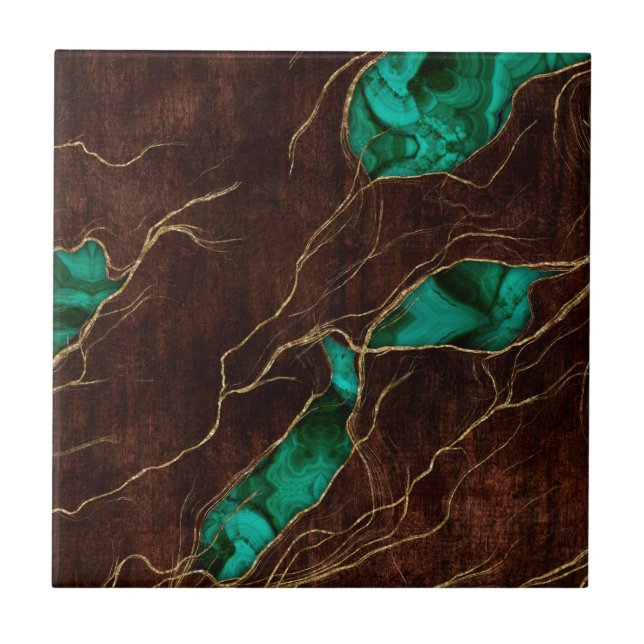 Dark Brown Wood and Malachite Abstract Digital art Ceramic Tile (Front)