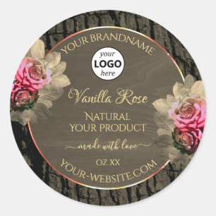 Dark Brown Wood Grain Pink Rose Product Label Logo