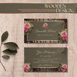 Dark Brown Wood Grain Pink Roses Natural Tree Bark Business Card
