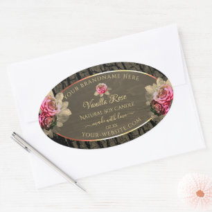 Dark Brown Wood Grain Pink Roses Product Labels