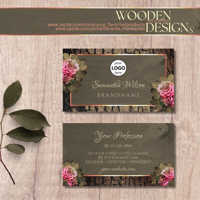 Dark Brown Wood Grain Pink Roses Tree Bark Logo Business Card (Creator Uploaded)