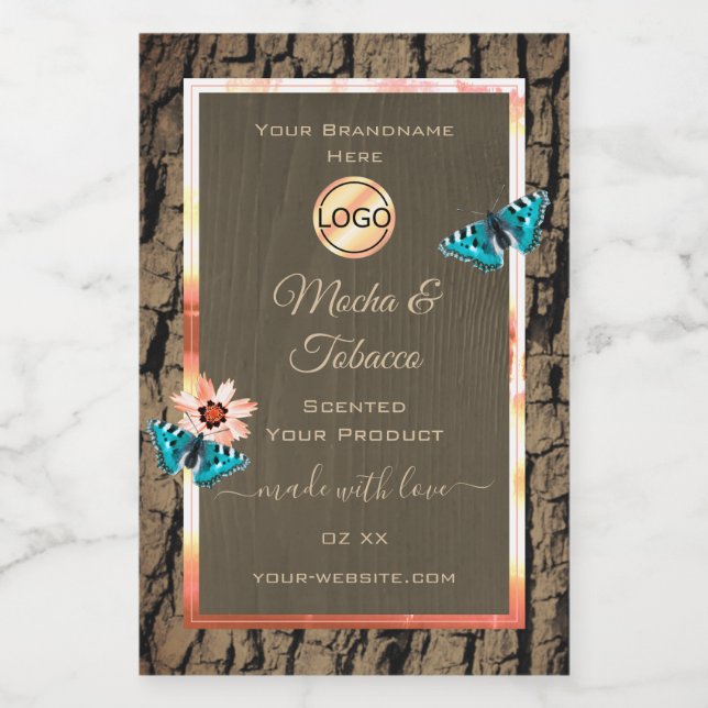 Dark Brown Wood Product Label Butterflies and Logo (Single Label)