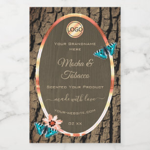 Dark Brown Wood Product Label Butterflies and Logo