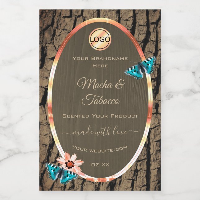 Dark Brown Wood Product Label Butterflies and Logo (Single Label)