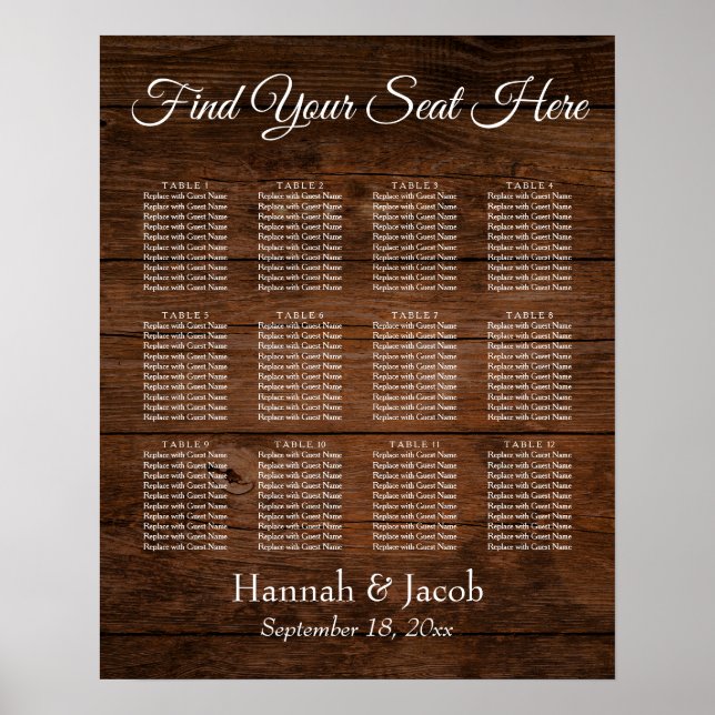 Dark Brown Wood, Wedding Reception Seating Chart (Front)