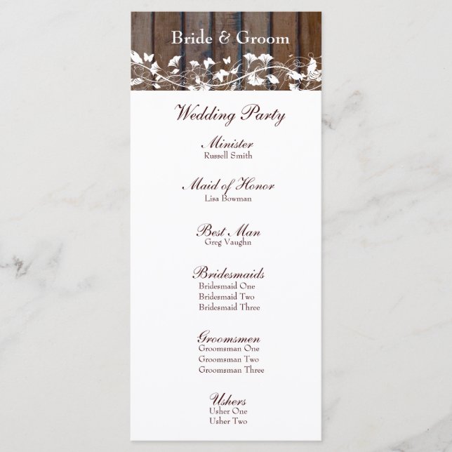 Dark Brown Wood, White Floral Wedding Program (Front)